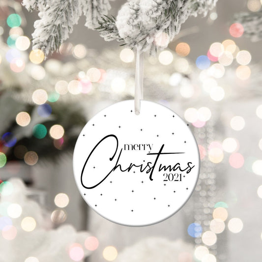 Merry Christmas 2021 Ornament, Ceramic Ornament Christmas, Holiday Keepsake, Xmas Ornaments, Holiday Gift Ideas, Farmhouse Ornaments