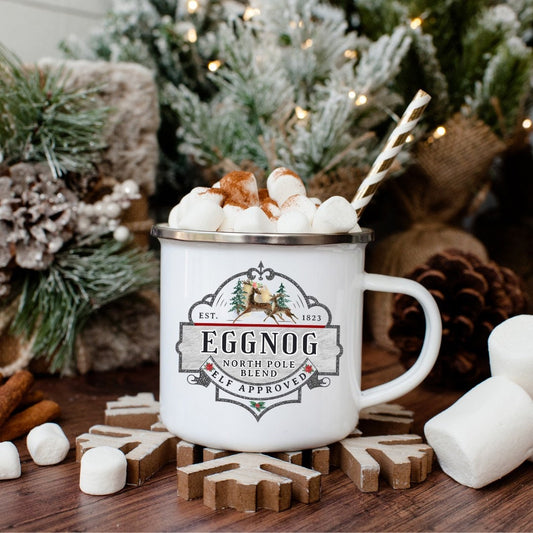 Eggnog Mug, Camping Mug Christmas, 12 oz Mug, Enamel Mug, Christmas Eve Gift, Funny Christmas Mug, Eggnog Cup, Christmas Eve Mug, Xmas Mug